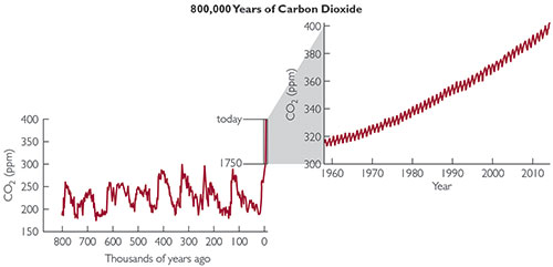 Graph showing how the atmospheric carbon dioxide concentration has changed over the past 800,000 years.